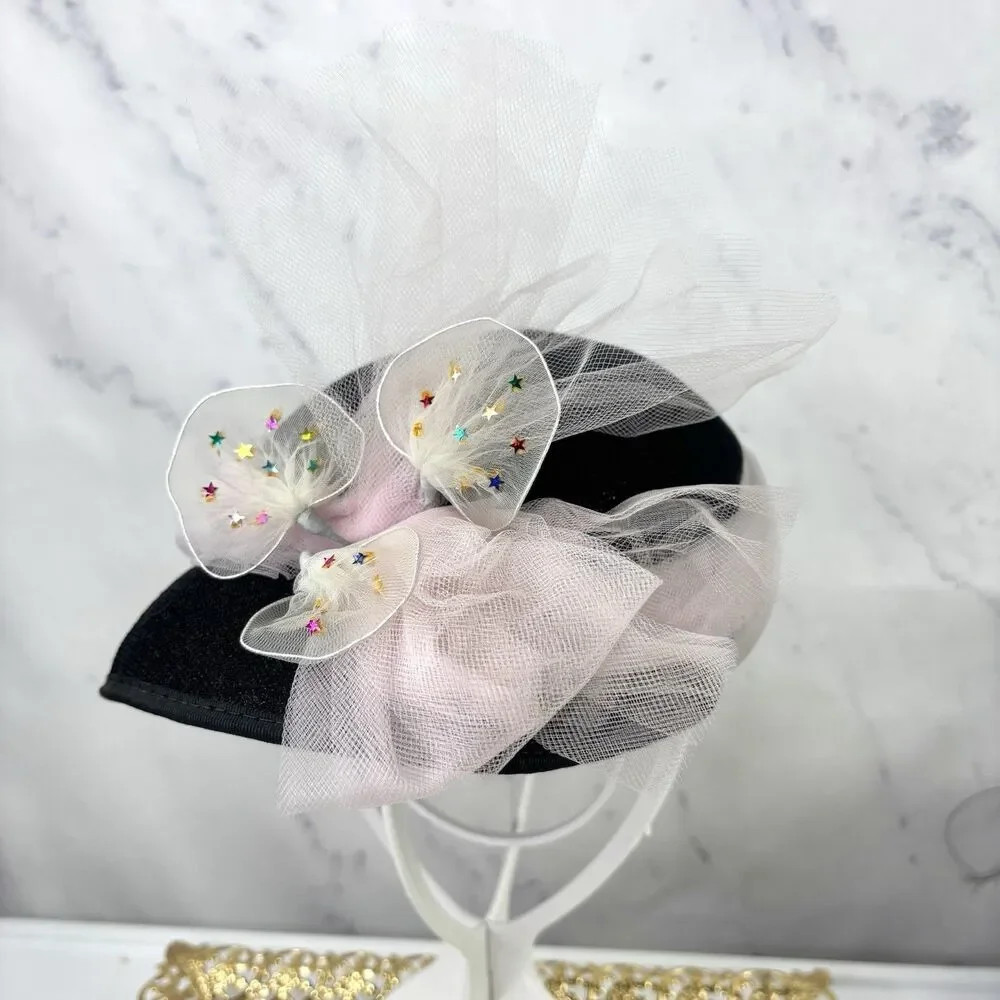 Vintage 1950s 60s Woven Cloche Hat Pink Tulle Bow Star Cocktail Fascinator MCM